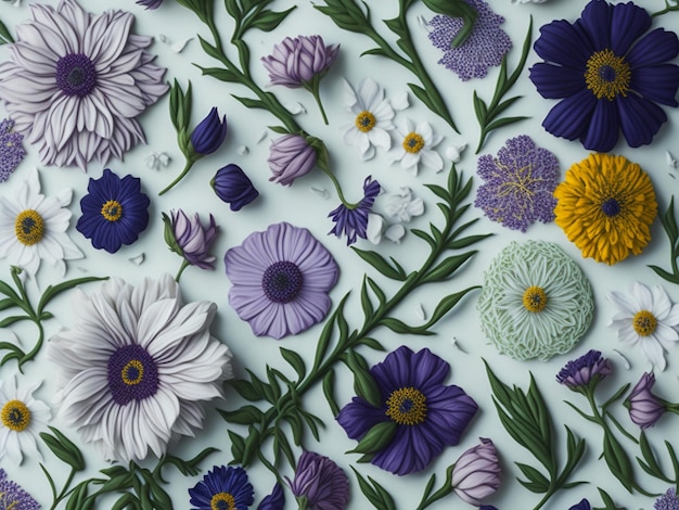 flat pressed flower pattern featuring a seamless design that can be tiled to create larger surfaces