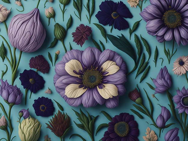 flat pressed flower pattern featuring a seamless design that can be tiled to create larger surfaces