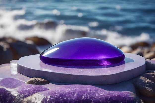 Flat purple stone podium composition with glass by the sea hyperrealistic materials