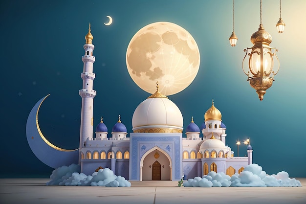 Flat Ramadan Mubarak greeting card vector design with mosque and lateen lamp and moon