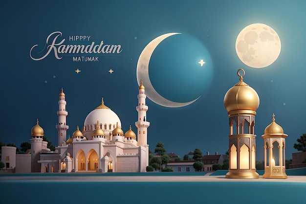 Flat Ramadan Mubarak greeting card vector design with mosque and lateen lamp and moon