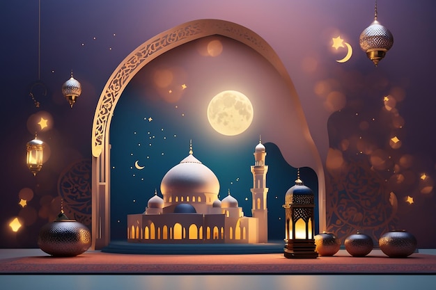 Flat Ramadan Mubarak greeting card vector design with mosque and lateen lamp and moon