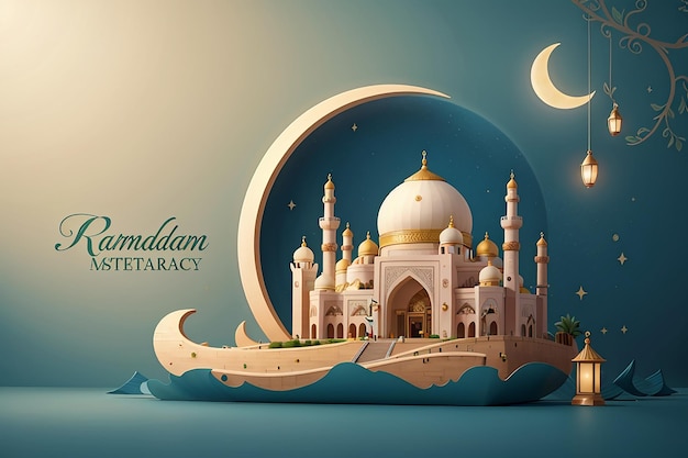 Flat Ramadan Mubarak greeting card vector design with mosque and lateen lamp and moon