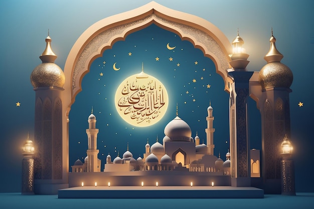 Flat Ramadan Mubarak greeting card vector design with mosque and lateen lamp and moon