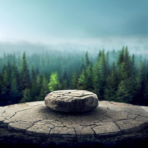 Flat rock podium on grey platform 3d illustration round stone pedestal for product display green forest and blue horizon on the background natural scenery landscape soft daily light