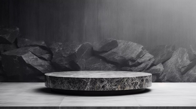 Flat round granite pedestal with small black stones around the granite on textured background and wa