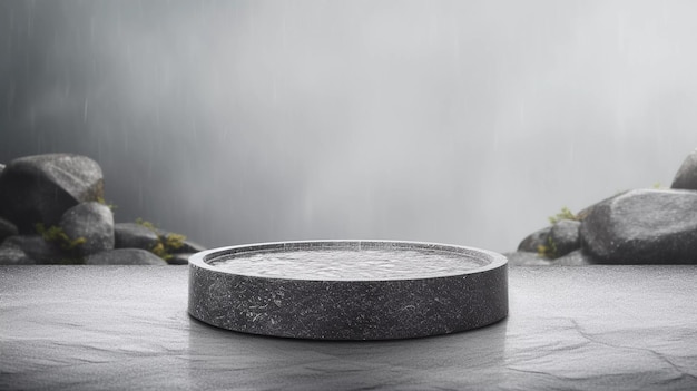 Flat round granite pedestal with small black stones around the granite on textured background and wa