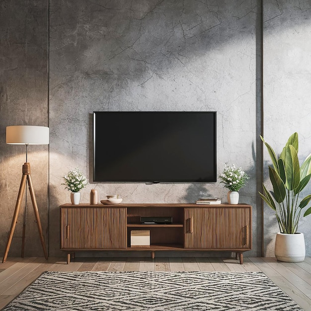 Flat screen tv cabinet mockup living room white wall