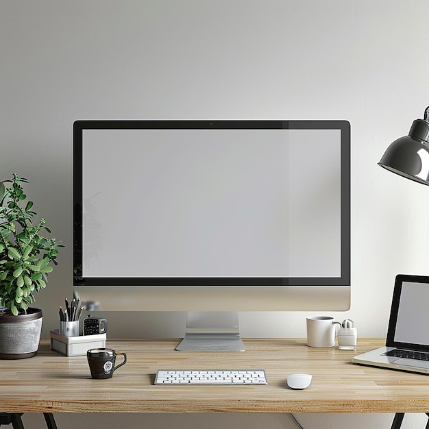 a flat screen tv is on a desk with a laptop and a monitor