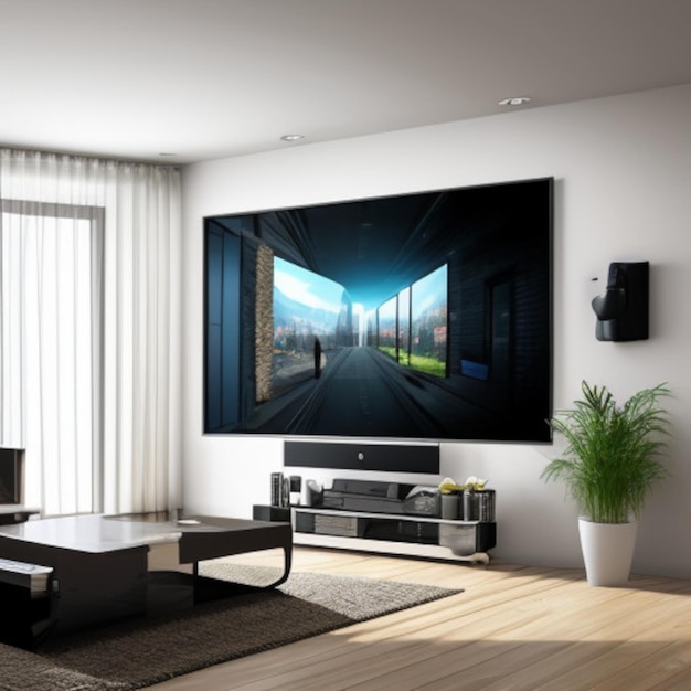 a flat screen tv is mounted on a wall in a living room