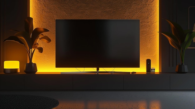 a flat screen tv sits in front of a yellow wall with a lamp on it