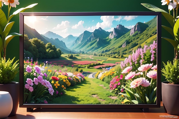 A flat screen tv with a landscape on the screen and flowers on the left.