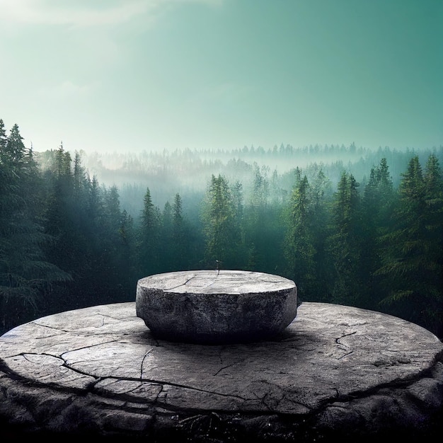 Flat small stone podium on rock platform 3d illustration gray rock pedestal for product display green forest and blue horizon on the background natural scenery landscape soft daily light