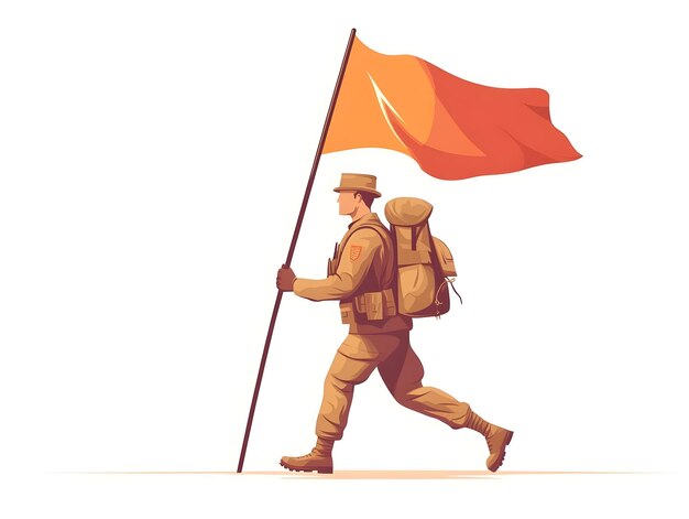 Photo flat soldier holding a flag during a march concept as a candid moment capturing a soldier holding a