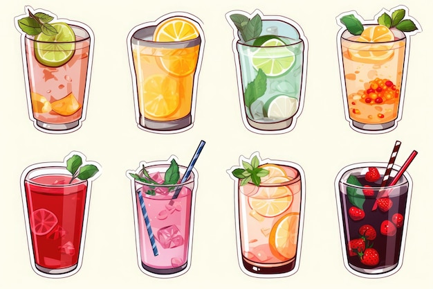 flat sticker with different fruit drink