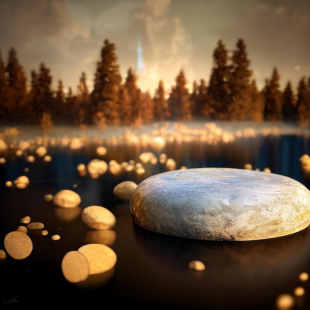 Flat stone in the forest 3d illustration gold pieces around premium podium design soft golden light on presentation scene natural platform background