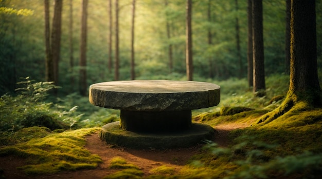 Photo flat stone podium in enchanted forest empty round stand