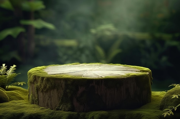 Flat stone podium in the magical forest empty round stand background