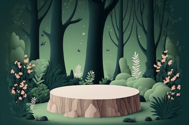 Flat stone podium in the magical forest illustration empty round stand background natural stage for cosmetic product display minimal design Created with Generative AI technology