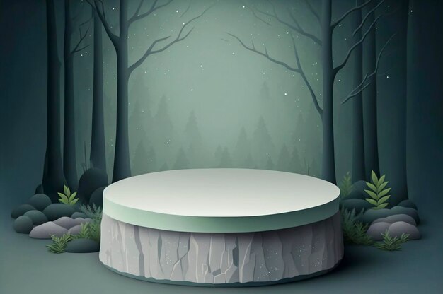 Flat stone podium in the magical forest illustration empty round stand background natural stage for cosmetic product display minimal design Created with Generative AI technology