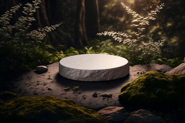 Flat stone stage gray rock pedestal for product display green forest on the background natural scenery landscape soft light Created with Generative AI technology