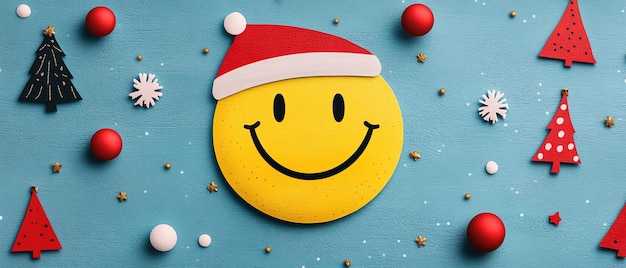 Flat style depiction of Harveys yellow smiley face with a stylish design incorporating festive elements like Christmas trees and ornaments