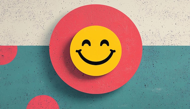 Photo flat style illustration of harveys yellow smiley face against a patterned background with clean lines and vibrant colors