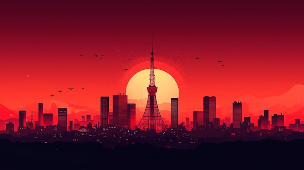 Flat style Tokyo Tower surrounded by red Tokyo skyline AmuXi logo creative AI effects product packaging design