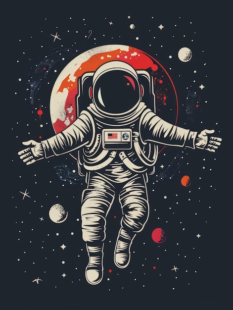 Flat style Tshirt design featuring an astronaut presented as a vector graphic