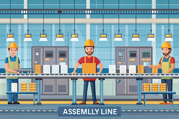 Photo flat style vector assembly line worker character illustration