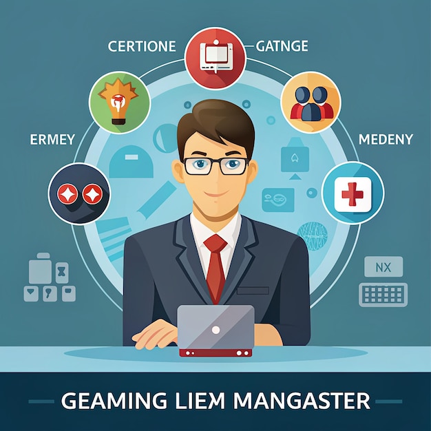 Photo flat style vector illustration of gaming manager