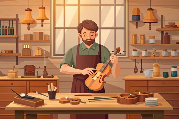 Flat Style Vector Illustration of a Violin Maker Character