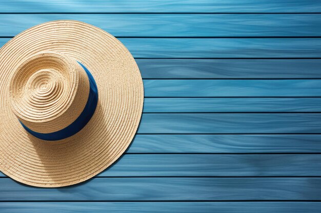 A flat surface near the swimming pool displays a straw hat flip flops and a beach towel placed on