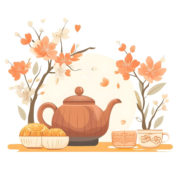 Photo flat tea pot and mooncake with mid autumn greeting concept as a vector illustration of a traditional