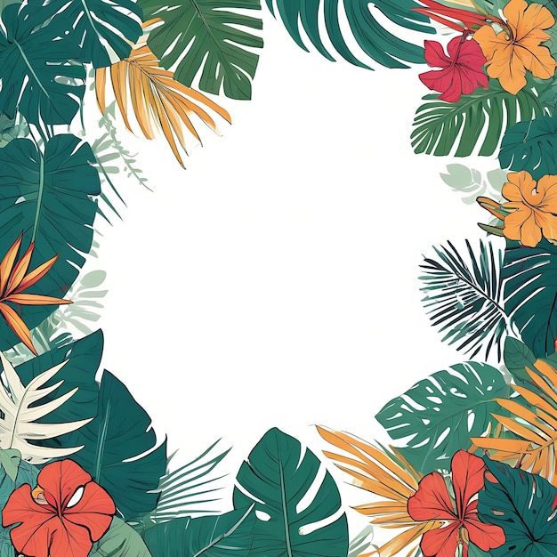 flat tropical leaf and florals frame with white background