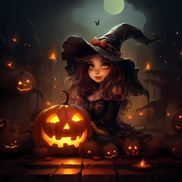 Flat Vector banner Weird scary Halloween cartoon witch background