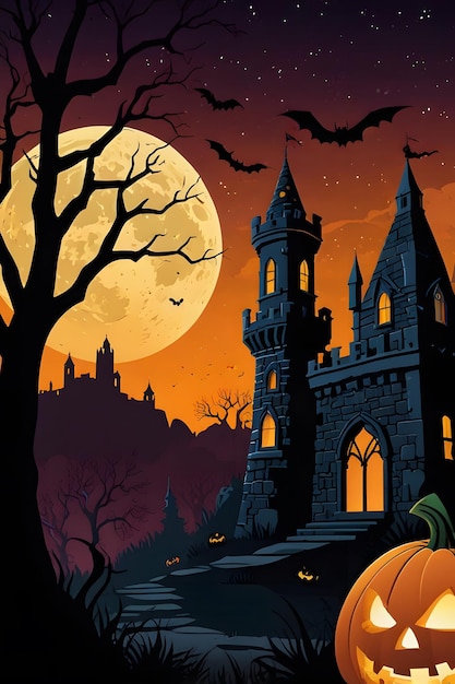 Photo flat vector halloween background spooky castle with pumpkins and bats