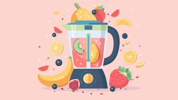 Photo flat vector illustration of a blender filled with fruits and a smoothie symbolizing the blending process and healthy living with space for text