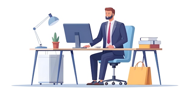 Photo flat vector illustration candid office worker secretly shopping cyber monday deals at work balanc