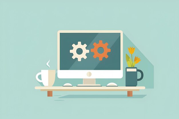 Photo flat vector illustration of computer screen with gears and coffee mug modern digital design