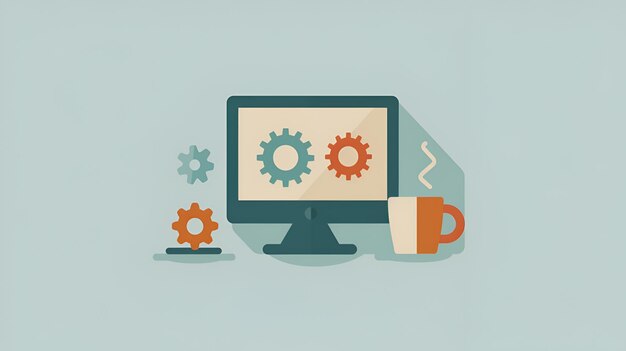 Photo flat vector illustration of computer screen with gears and coffee mug modern digital design