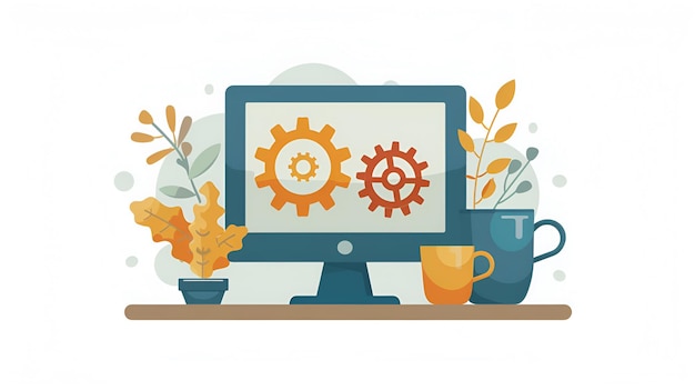 Photo flat vector illustration of computer screen with gears and coffee mug modern digital design