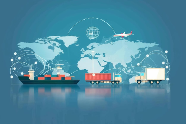 A flat vector illustration depicting a global logistics network with various modes of transport including a ship truck airplane and background world map connections