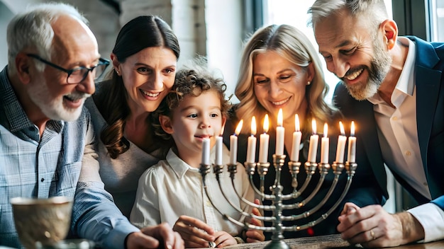 Flat Vector Illustration Family Lighting Hanukkah Candles Together Capturing Candid Moments of War