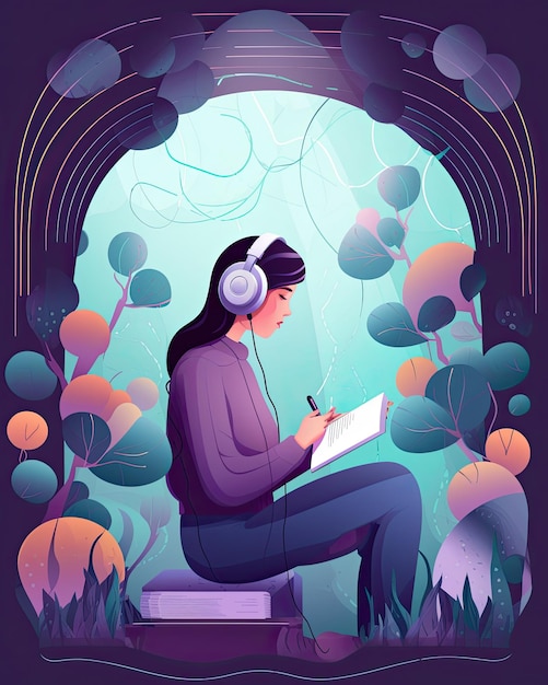 Flat vector illustration of a female character reading and listening to an audiobook created with Generative AI technology