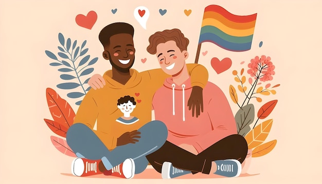 Flat Vector Illustration Of A Happy Romantic Gay Couple