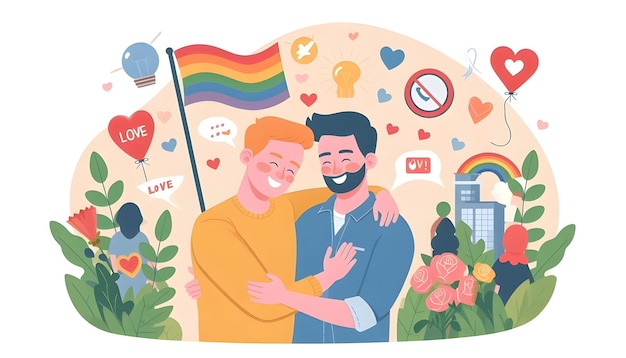 Flat Vector Illustration Of A Happy Romantic Gay Couple