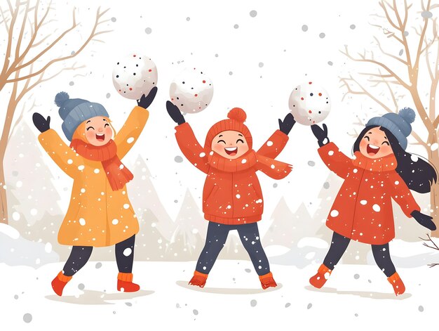 Photo flat vector illustration of a joyful couple playing in a snowball fight in a winter forest romanti