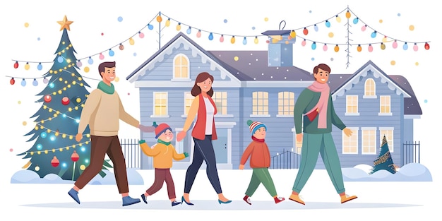 Photo flat vector illustration of a joyful family walking through a vibrantly lit neighborhood celebratin