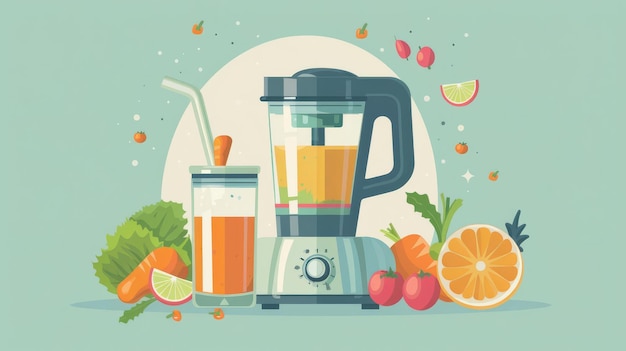 Photo flat vector illustration of a juicer machine with vegetables and a glass of juice symbolizing the juicing process and organic ingredients with space for text